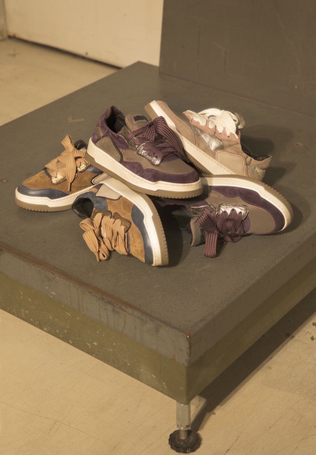 Brown sneaker. Purple sneaker. Cream sneaker. Shining sneaker made in italy. Comfy sneaker design.